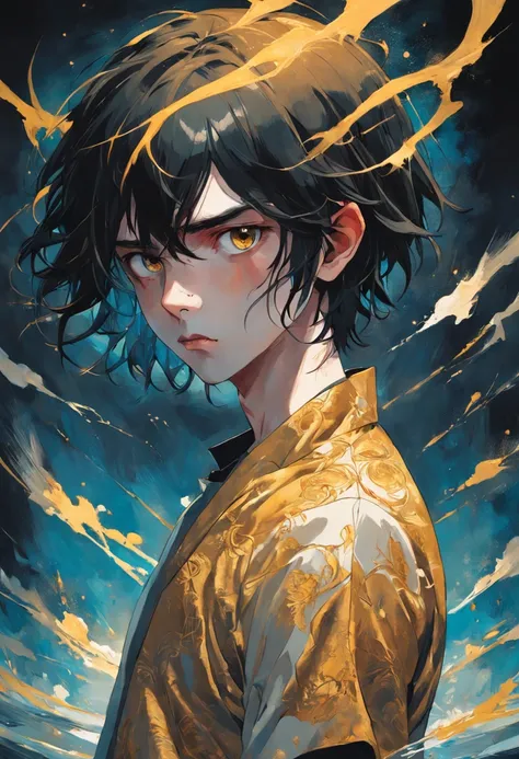 There is ugliness in beauty, But there is also beauty in ugliness. Young man with dark hair and bright golden eyes. In the style of Adrian Ghenie, Esao Andrews, Jenny Saville, Edward Hopper, surrealism, Dark Art par James Jean, Takato Yamamoto, Minimalism ...