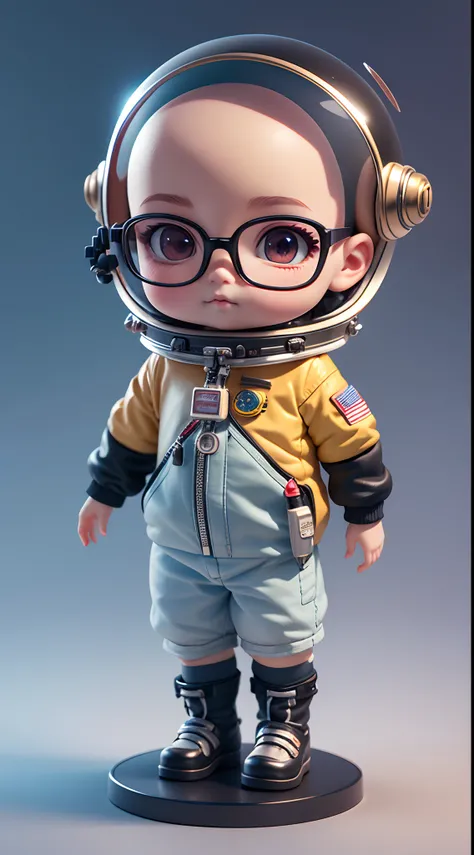 There is a little doll with helmet and helmet, boy with black glasses, no hair, bald boy, cute 3d rendering, little boy astronaut looking up with big black glasses, big black plastic glasses, full  sleeve tattoos on arms, tattoos, portrait anime space cade...