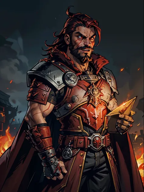 blood moon background, darkest dungeon style, casting fire. sadurang from marvel, hunk, buffed physics, short mane hair, mullet,...