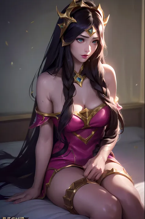 (league of legends:1.5), 1girl, long hair, solo, dress, petals, hair ornament, pink dress, brown hair, bare shoulders, black hai...