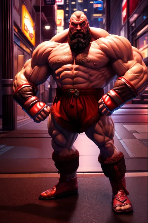 Zangief from (street fighter) video game, standing downtown Tokyo at night in a fighter pose, realism, crystal clear, micro-details, photorealism, photorealistic, cinematic light