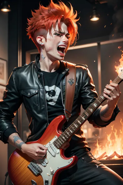 screaming rocker boy with fiery hair, realistic, 4k