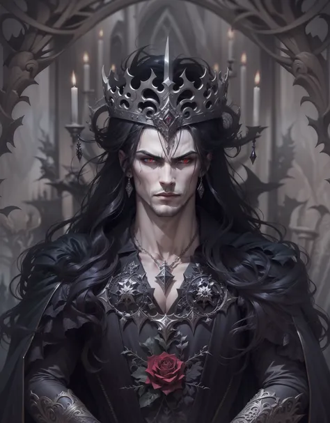 The Vampire King, handsome male, in the Gothic style, hairlong, crown, silver, hematites, Velvet, Silk, Evil Look, higly detailed, Symmetrical, properly proportioned, 30 thousand......