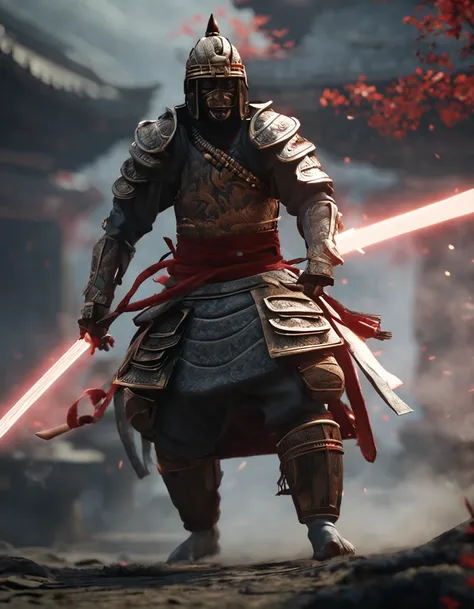 japanese samurai, arte conceitual, Directed by: Kishi Ganku, arte de fantasia, Fundo do templo zen, clean render, wearing light period clothing, without any props on the head, detailed bushido form smoke, character is standing, in fighting position, 8k rea...