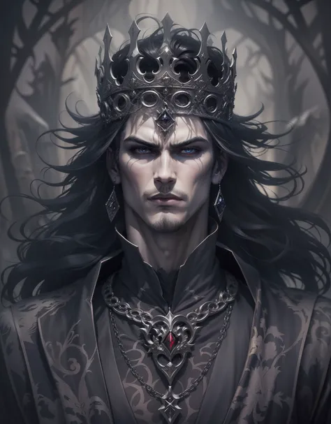 The Vampire King, handsome male, in the Gothic style, hairlong, crown, silver, hematites, Velvet, Silk, Evil Look, higly detailed, Symmetrical, properly proportioned, 30 thousand......