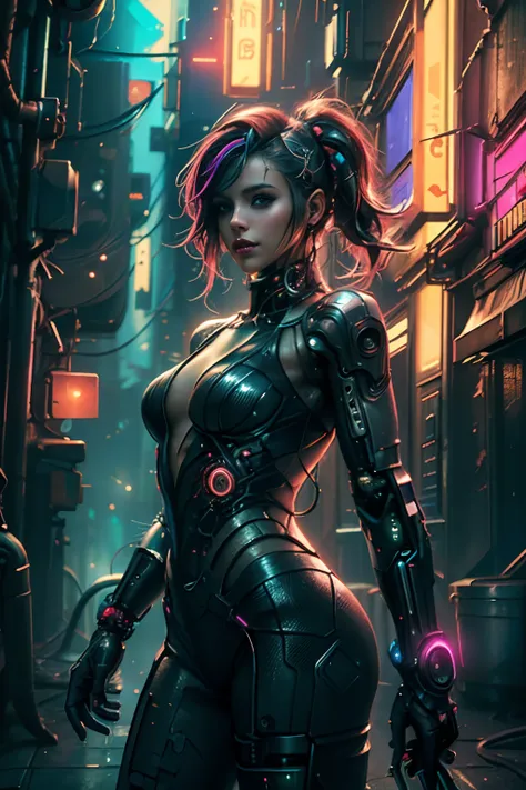 (Photorealistic:1.4) image of a cyber punk girl, (top-quality, 8K, 32K, masterpiece), (dynamic pose), ((facing camera)), (looking at camera), cowboy shot, shapeless hair, colorful hair, colorful cyberpunk clothing, depth of field f/1.8, cyberpunk city back...