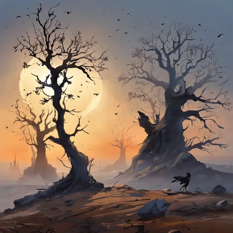 Two crows on a dead tree, A shadow shaped like a walker, Starry night, Thick fog on the ground, Blue light on the horizon, Unreal Engine 5, Cinematic, low angle photography, Motion blur, Depth of field, Dust, Cobblestones and dirt. Splash Art, dripping pai...