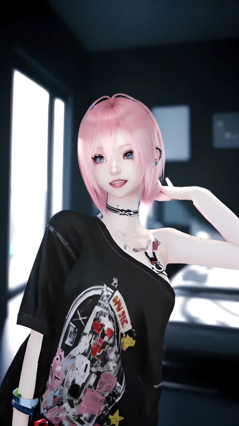 there is a woman with pink hair and a black shirt, style game square enix, pink twintail hair and cyan eyes, detailed punk hair, hints of yayoi kasuma, second life avatar, Style Game Square Enix Life, photorealistic anime girl render, cute girl with short ...