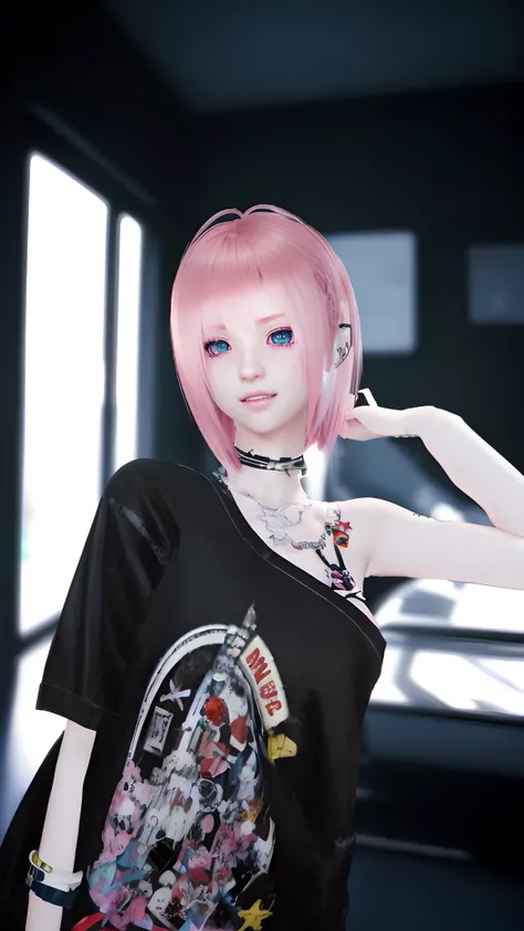 there is a woman with pink hair and a black shirt, style game square enix, pink twintail hair and cyan eyes, detailed punk hair, hints of yayoi kasuma, second life avatar, Style Game Square Enix Life, photorealistic anime girl render, cute girl with short ...