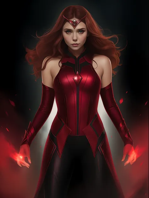 obra prima, (tema escuro: 0.9) illustration, scarlet witch, mulher, face Elizabeth Olsen, fundo complexo, cores suaves, vermelho, hiperdetalhado, ((face detalhada)), realista