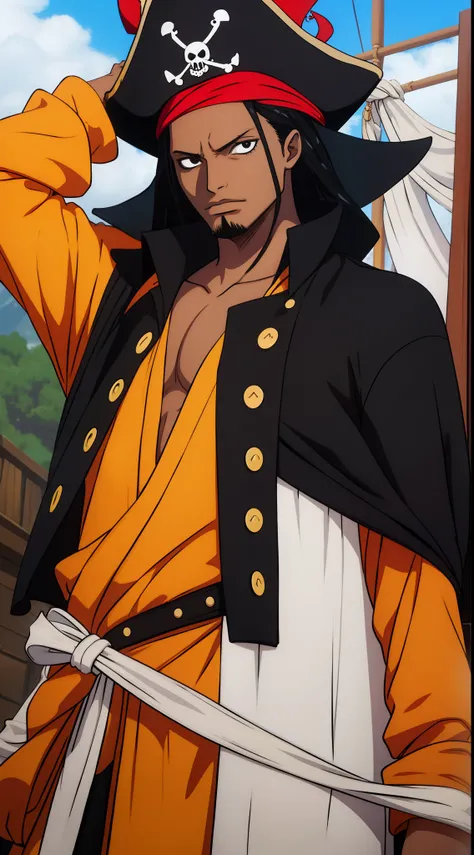 a black skinned guy, with long black hair, using pirate clothes