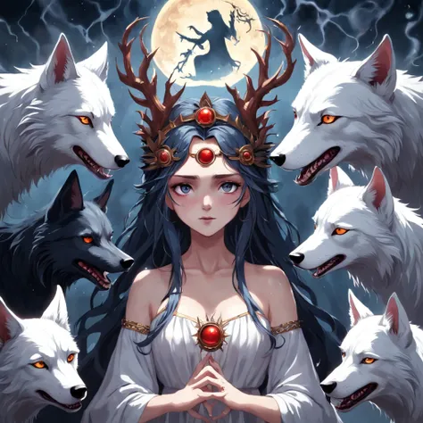 a photo of a woman with a crown and three wolves, hecate goddess, Hecate, pagan goddess, Deusa do Submundo, Norse goddess, persephone as goddess of death, Deusa da Raiva, Rainha do Submundo, deusa. detalhes extremamente altos, Mito grego do ritual escuro, ...