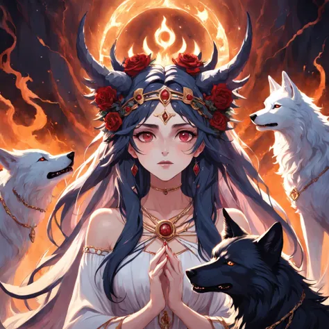 a photo of a woman with a crown and three wolves, hecate goddess, Hecate, pagan goddess, Deusa do Submundo, Norse goddess, persephone as goddess of death, Deusa da Raiva, Rainha do Submundo, deusa. detalhes extremamente altos, Mito grego do ritual escuro, ...