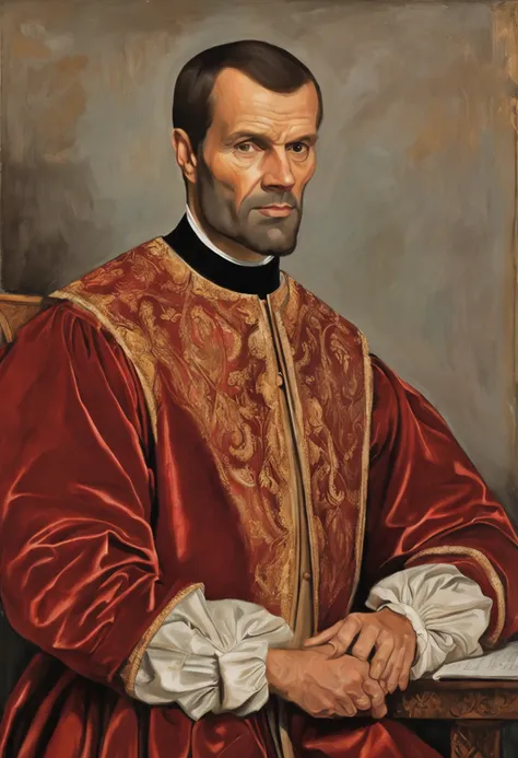 "Por favor, generates an image of Niccolò Machiavelli inspired by the Renaissance art of the time in which he lived. Na imagem, Machiavelli is portrayed as a middle-aged man, with characteristic features of the fashion and style of the Italian Renaissance....