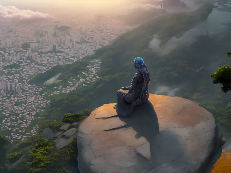 fiction, Arte futurista, Vista de cima para baixo de uma mulher sentada em uma rocha na margem cristalina do rio, muitas flores no ambiente, Arte intrincada, 8k