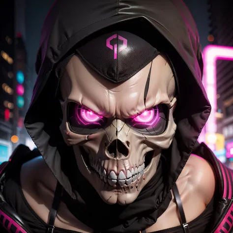 skull face dark pink, cyberpunk skull, angry skull