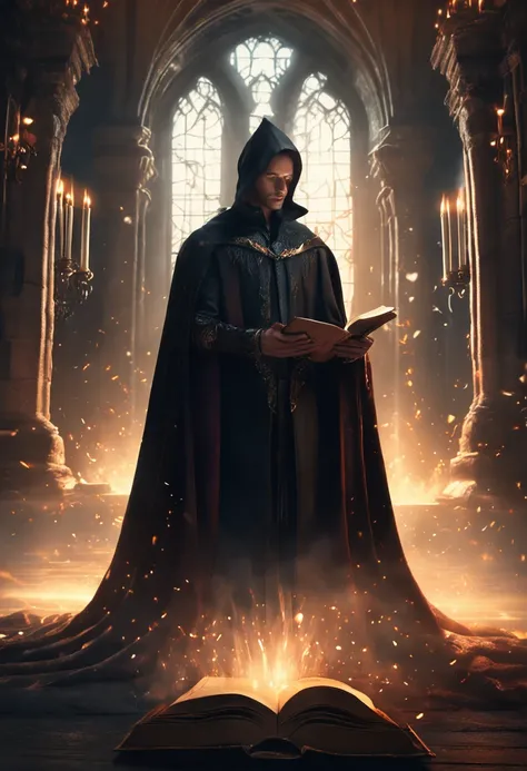 frontal image of a ralist mage with a black cape, reading a book floating with magic, in a dark library, with a throne in the background and a light mist on the floor