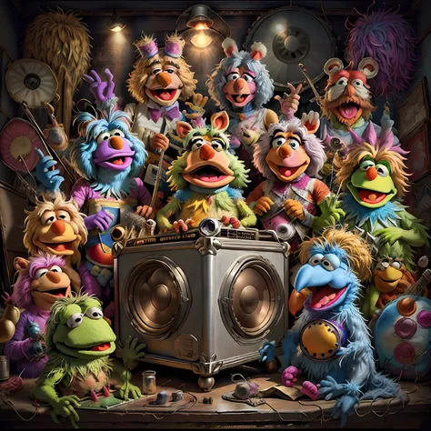 MuppetManiaAI, bateria acutica, toca discos, amplificador.