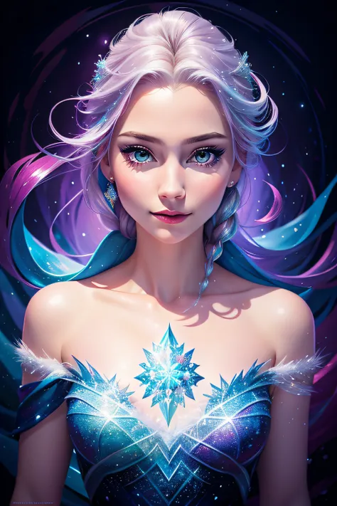 Elsa from Frozen, girl with an enchanting face, vibrant colors, swirling snowflakes, majestic ice powers, stunning digital art, high-resolution 4k quality, showcasing her mesmerizing magic and portrayed in captivating vector art.