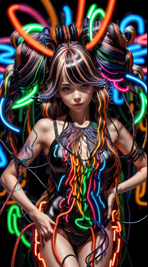 (medium shot) (womans hair is made from thin multicolored neon tendrils:1.7) (long thin multicolored neon string hair is flowing down her body), her hair made of thin multicolored neon tendrils is conforming to and covering her body forming a dress, (neon ...