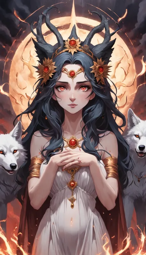 a photo of a woman with a crown and three wolves, hecate goddess, Hecate, pagan goddess, Deusa do Submundo, Norse goddess, persephone as goddess of death, Deusa da Raiva, Rainha do Submundo, deusa. detalhes extremamente altos, Mito grego do ritual escuro, ...