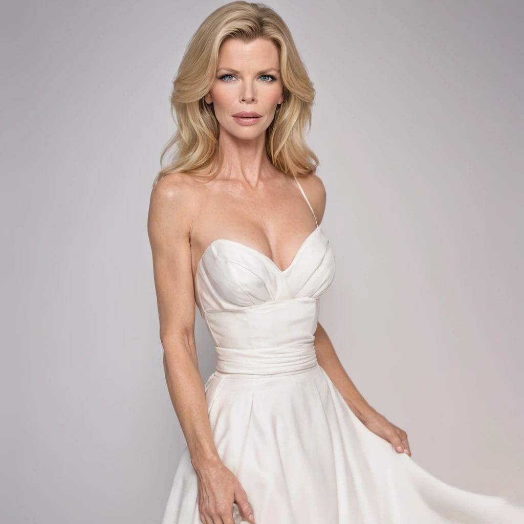 In cel animation style, Kim Basinger animated Holli Wood in a strapless low-cut white dress with a white choker, peitos grandes, segurando saia pra cima, bunda empinada, rosto perfeito, UHD, linhas limpas, 8k