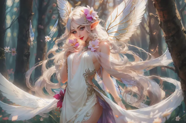 she is an arrogant flower fairy, [close up shot], ((best quality)), ((masterpiece)), ((big beautiful eyes:1.2)), 1 female, full length shot, beautiful elf face, (laughed expression:1.1), by john wilhelm, (Dynamic dance movements), (Contrapposto:1.3), (sexy...