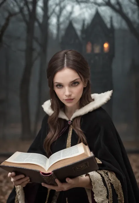 frontal image of a ralist mage with a black cape, reading a book surrounded by magic that floats in front of the mage, in a dark library, with a throne in the background and a light fog on the floor