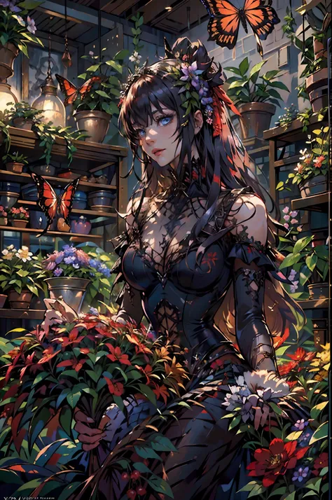 high details, best quality, 16k, RAW, [best detailed], masterpiece, best quality, (extremely detailed), full body, ultra wide shot, photorealistic, dark fantasy art, goth art, RPG art, D&D art, a picture of a dark female fairy showing flowers in a florist ...