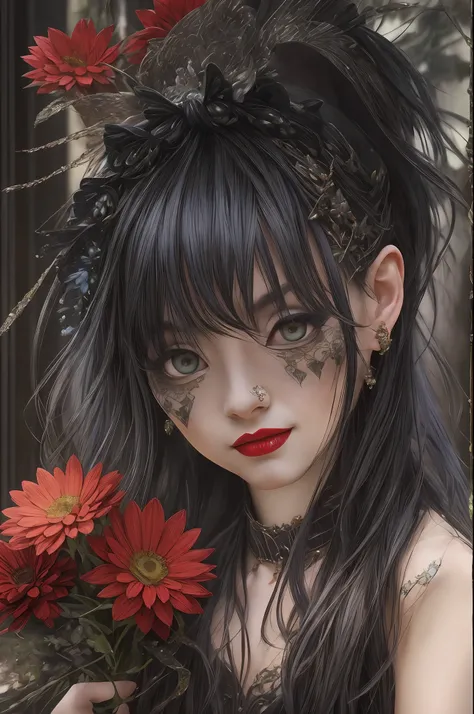 high details, best quality, 16k, RAW, [best detailed], masterpiece, best quality, (extremely detailed), full body, ultra wide shot, photorealistic, dark fantasy art, goth art, RPG art, D&D art, a picture of a dark female fairy showing flowers in a florist ...