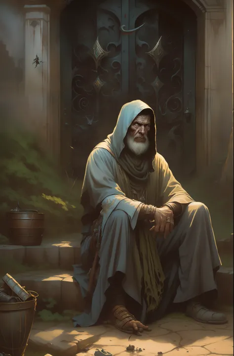 There is a man sitting on the steps of a building, portrait of bedouin d&d, Retrato de um Mago, Retrato do velho necromante, arte conceitual de um monge, Estilo Andreas Rocha, RPG retrato arte conceitual, Bussiere Rutkowski Andreas Rocha, Mohrbacher, senio...