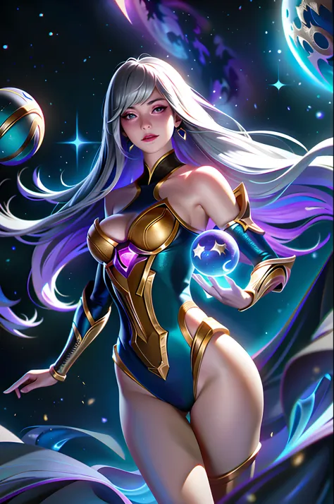 (League of Legends:1.5),Astrid, the Graviton Slinger, is depicted in her splashart as a powerful and enigmatic force, wielding her gravitational manipulation abilities with mastery. The scene takes place in a celestial realm, where stars and cosmic energy ...