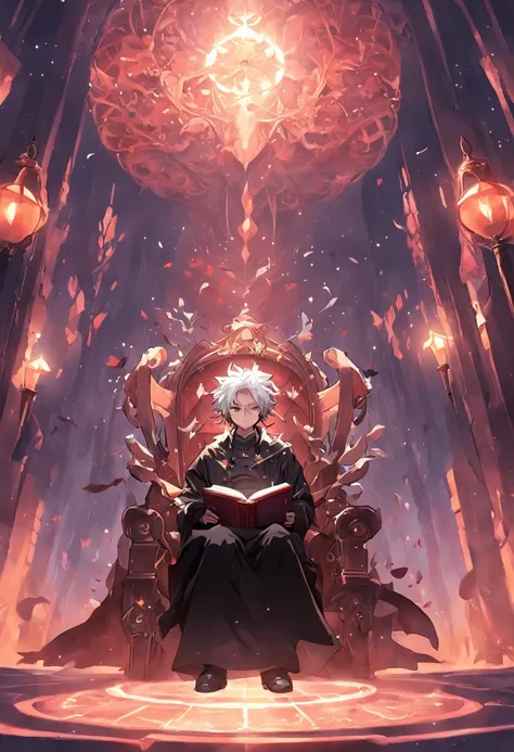 Imagem frontal de um velho mago ralista com uma capa preta, ler um livro cercado de magia que flutua na frente do mago, em uma biblioteca escura, with a throne in the background and a light fog on the ground