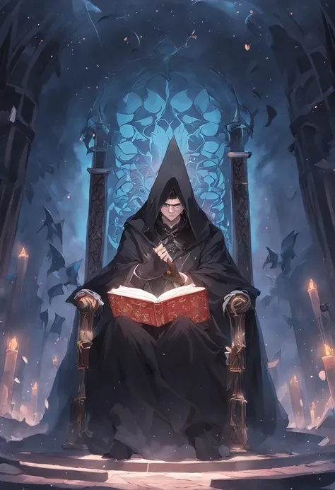 Imagem frontal de um velho mago ralista com uma capa preta, ler um livro cercado de magia que flutua na frente do mago, em uma biblioteca escura, with a throne in the background and a light fog on the ground