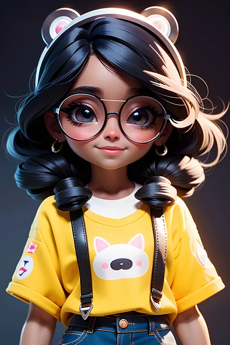 loli cute girl negra, cabelo preso, cabelo solto, modern accessories , eyeglasses, olhos detalhados, sorriso detalhados, detalhe...