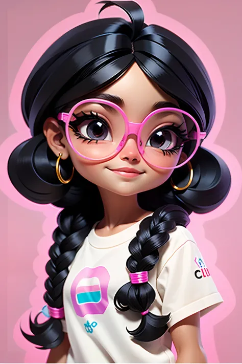 Loli cute girl negra, cabelo preso, cabelo solto, modern accessories , Eyeglasses, olhos detalhados, sorriso detalhados, detalhes detalhados, Holographic,  fundo claro e simples