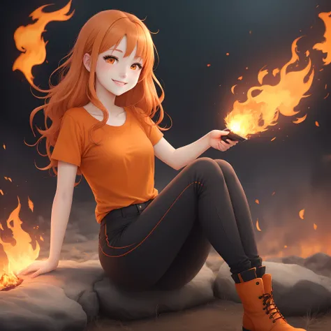 one girl anime, hair orange, eyes orange, tender smile, fire background, orange shirt, Black pants, orange boots