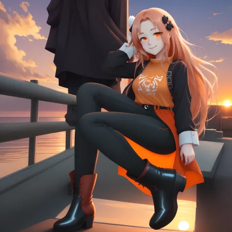 Anime girl, Orange hair, loose and long hair, Orange eyes, Cute smile, sunset background , orange long sleeve shirt, Black pants, Orange boots