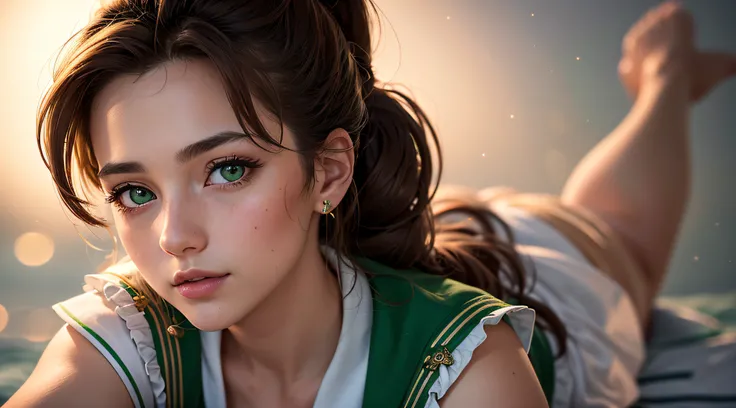 8k portrait of sailor Jupiter, intricate, elegant, highly detailed, (masterpiece, sidelighting, finely detailed beautiful eyes: 1.2), hdr, brown hair, ponytail, green eyes, sailor Jupiter, soothing tones, muted colors, high contrast, (natural skin texture,...