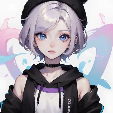 (Masterpiece), ((best picture quality)), 8K, high detail, super detail, 1 man ((androgynous)), pale skin,

very short hair, (pixie cut), asymmetrical bangs, ((pastel violet color)),

(blue eyes), 

black beanie, white sleeveless shirt, (Black cropped hoodi...