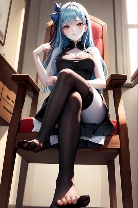 (foot focus:1.2), (presenting foot), foot towards viewer, from below, ((black thighhighs)), looking at viewer, from below, (hand on own thighs), eyelashes, (pale skin:1.5), anime style, masterpiece, 8k, sharp details, 1girl, solo, light blue hair, full bod...