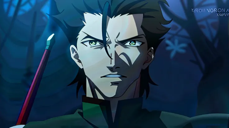 um close up de uma pessoa segurando um pau em uma floresta, Destino Zero, destino/zero, no filme de anime, hijikata toushirou, cara bonito na arte demon slayer, Kakyoin, Tem um olhar penetrante, sorriso roguish, personagem de anime masculino, anime afiado ...