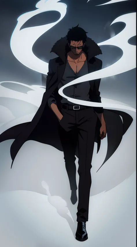 a black skinned guy with long black hair , wearing a black overcoat , smoke aura