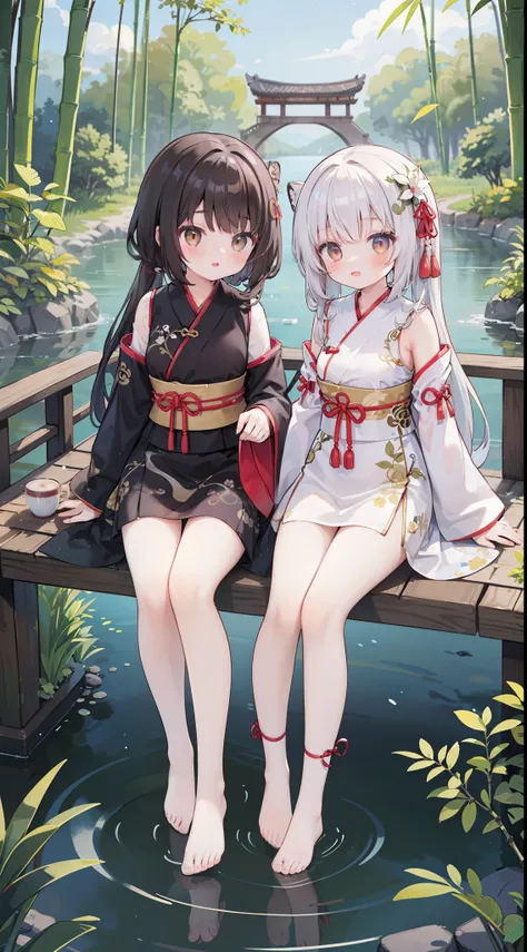 Two girls are dating on the bridge, night sky, ancient Chinese style, bamboo forest, lake water, milky way, stun beautiful embroidery hanfu::1.2, white legwear, brown eyes, glowing eyes, long pink ribbon