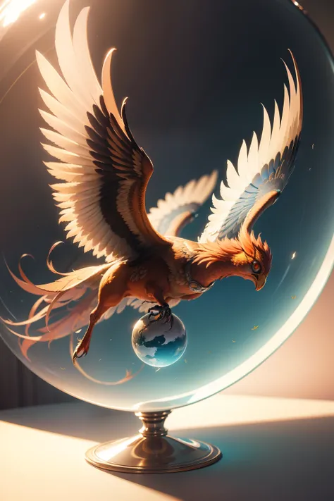 a phoenix flying inside a glass sphere, realismo, maximum details, alta qualidade