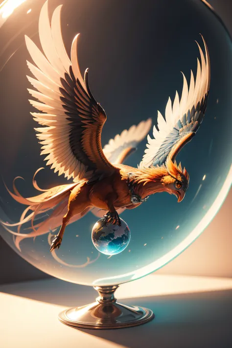 a phoenix flying inside a glass sphere, realismo, maximum details, alta qualidade