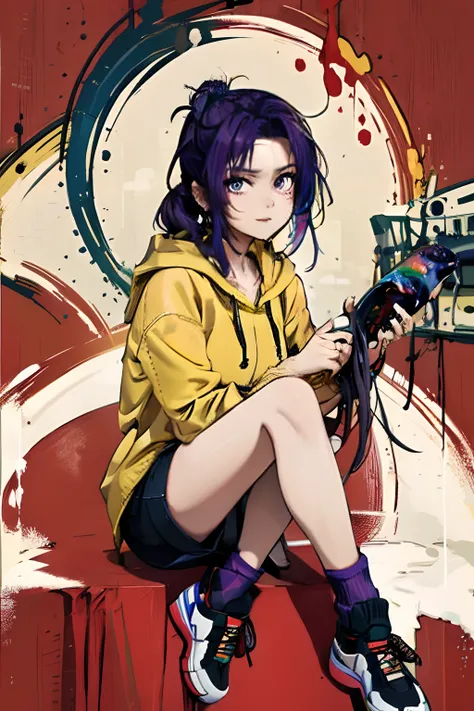 Masterpiece, Best quality, 1girll, Purple hair, pony tails, Yellow hoodie, Short shorts, loose socks, Sneakers, Cesa, view the viewer, Large breasts, Shiny skin, abstract backgrounds, Vivid colors, Paint splashes, "Rainbow" theme