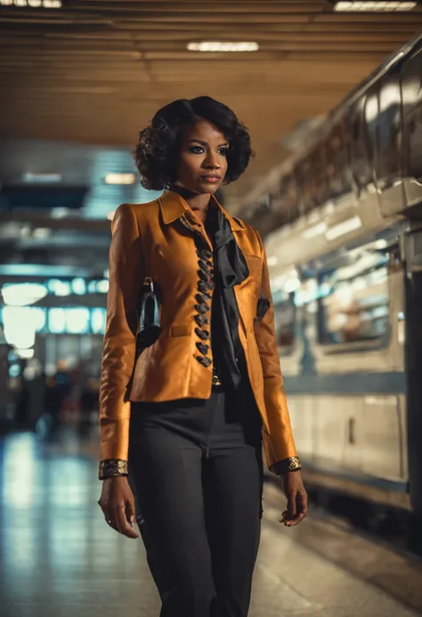 uma mulher negra bonita，Cacheados preto, olhos castanho claro, pele bronzeada, Wearing a flight attendant costume, on a plane, corpo inteiroesbian