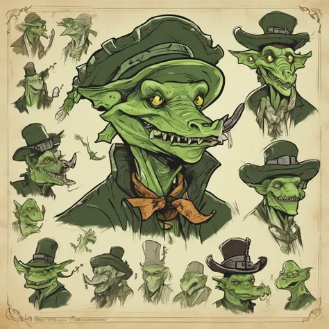 Cartoon of a man with a hat and a green face, alligator shaman, archwizzard in a hat, um pirata goblin, design de personagem monstro, Orc fundido com videiras, Estilo Rato Fink, Lagarto, Criatura da loucura, retrato verde do duende, medium portrait of a go...