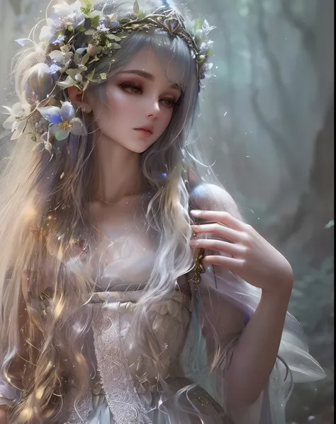 Arafed Mujer con cabello largo con una corona de flores, Ethereal Beauty, ethereal fairy tale, very beautiful elven top model, Ethereal hair, a stunning young ethereal figure, Incredibly ethereal, con flores congeladas a su alrededor, hermosa doncella, ver...